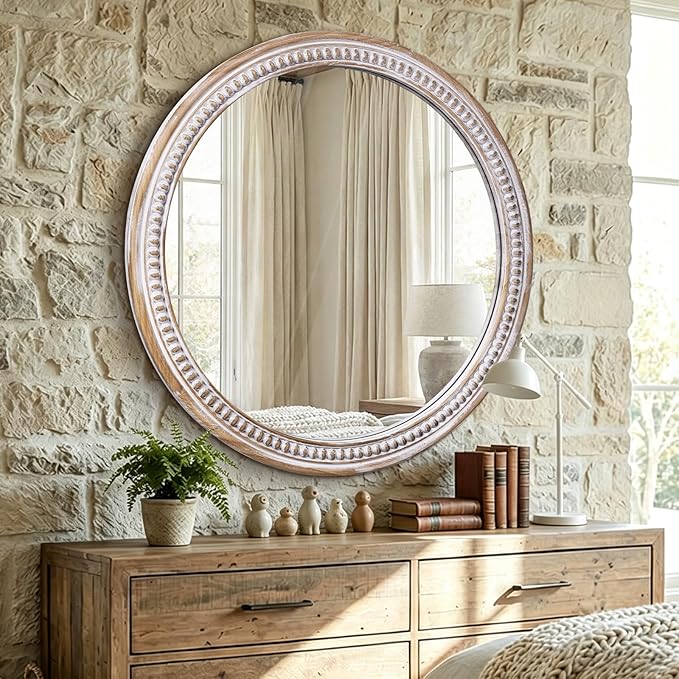 HOITUZYUS 30 Inch Farmhouse Round Wall Mirrors with Rustic Wooden Frame – Large Boho Decorative Circle Mirror for Bathroom, Living Room, Entryway & Foyer