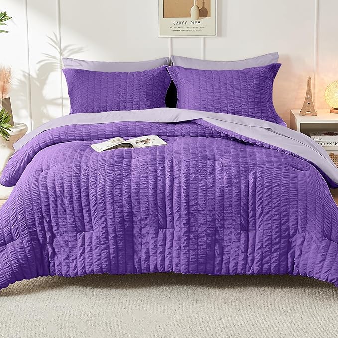 HYMOKEGE Dark Purple/Lavender Queen Comforter Set Seersucker 7 Pieces, All Season Luxury Bed in a Bag Queen for Bedroom, Bedding Set with Comforter, Sheets, Pillowcases & Shams