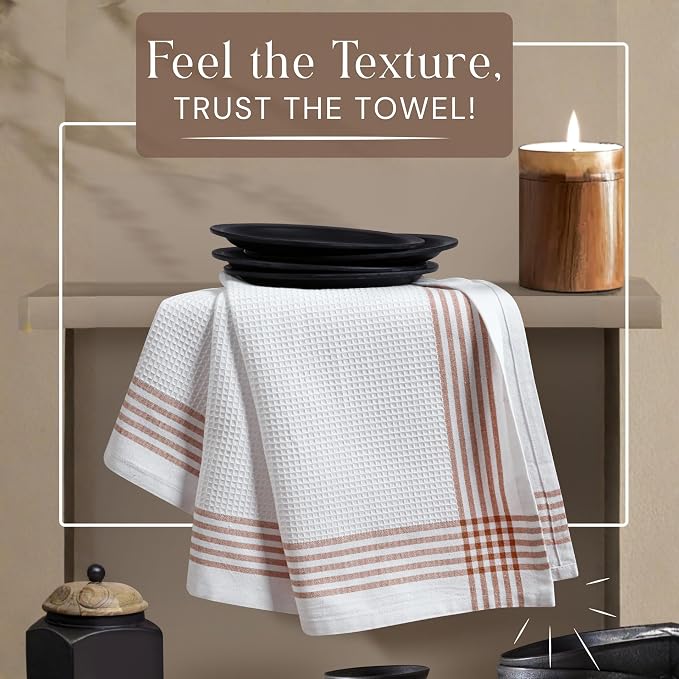 Waffle White & Brown 12 Pack Kitchen Towels Set, 100% Cotton, 16x26 inches, Professional Quality Cleaning Towel for Bar, Home, Restaurant Use, Absorbent Dish Cloths for Drying Dishes