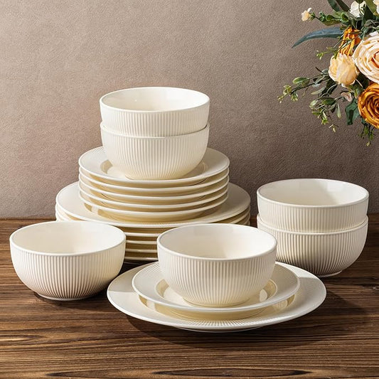 TheTerra Stoneware Dinnerware Sets for 6, 18 Pieces Ceramic Plates and Bowls Sets, Scratch Resistant Embossed Dish Set, Oven, Microwave & Dishwasher Safe, Beige
