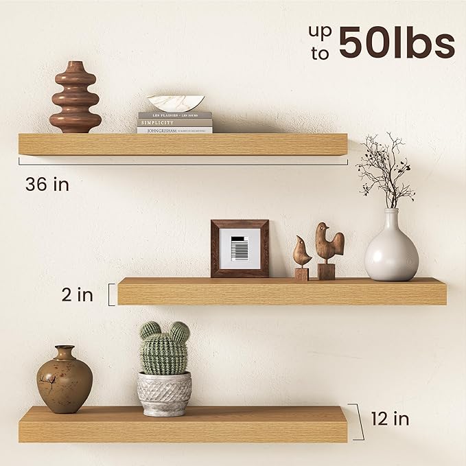 36Inch Oak Floating Shelves for Wall, 12 Inch Deep Shelves for Bedroom, Kitchen, Bathroom Wall Mounted, Rustic Wood Floating Shelf with Invisible Brackets for Books, Storage, Decor, 2 Packs