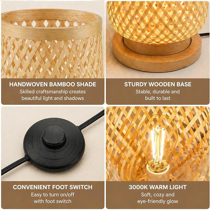 MIXL-Farmhouse Style Bamboo Floor Lamp,Large Wicker Indoor Floor Light,Boho Standing Light Plug in,Modern Minimalist Standing Lamp for Living Room Bedroom