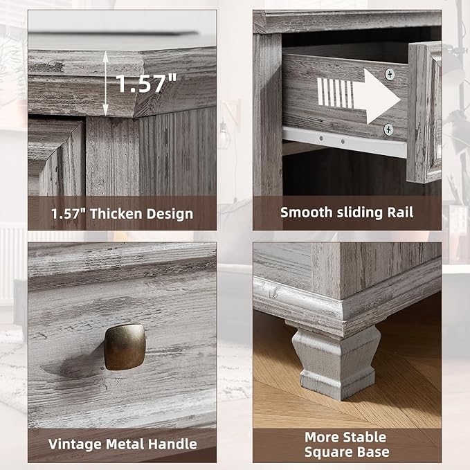 Farmhouse End Tables Living Room with Drawer, Rustic Wood Nightstand with Charging Station, Bedside Table with Open Shelf for Bed Room, Living Room, Grey