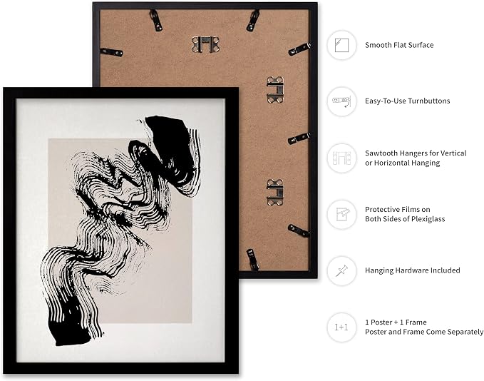 Poster Master Brush Waves Poster - Black Brush Wave Stroke Print - Abstract Design - Drawing Artwork - Mid Century Modern Art - Minimal Design - Living Room or Bedroom Wall Decor - 16x20 Black Framed