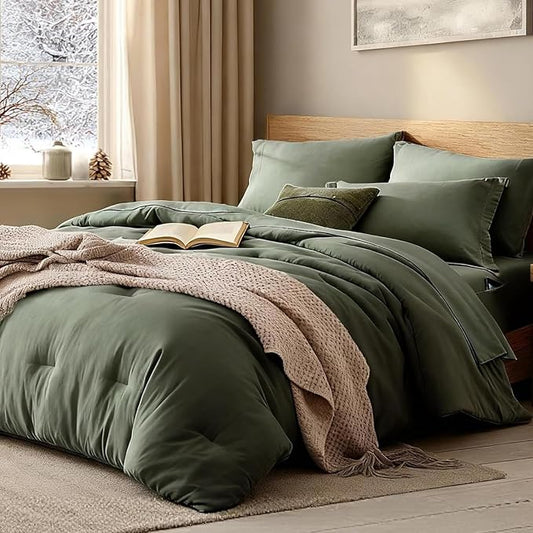 WRENSONGE Super King Comforter Set- 7 Pieces Soft Olive Green Bed in a Bag with Fitted Sheet, Flat Sheet, 2 Pillow Shams, and 2 Pillowcases- Warm Bedding Sets Super King for All Season