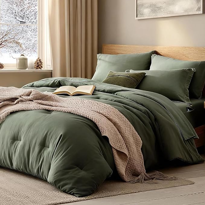WRENSONGE Super King Plus Comforter Set- 7 Pieces Soft Olive Green Bed in a Bag with Fitted Sheet, Flat Sheet, 2 Pillow Shams, and 2 Pillowcases- Warm Bedding Sets Super King Plus for All Season
