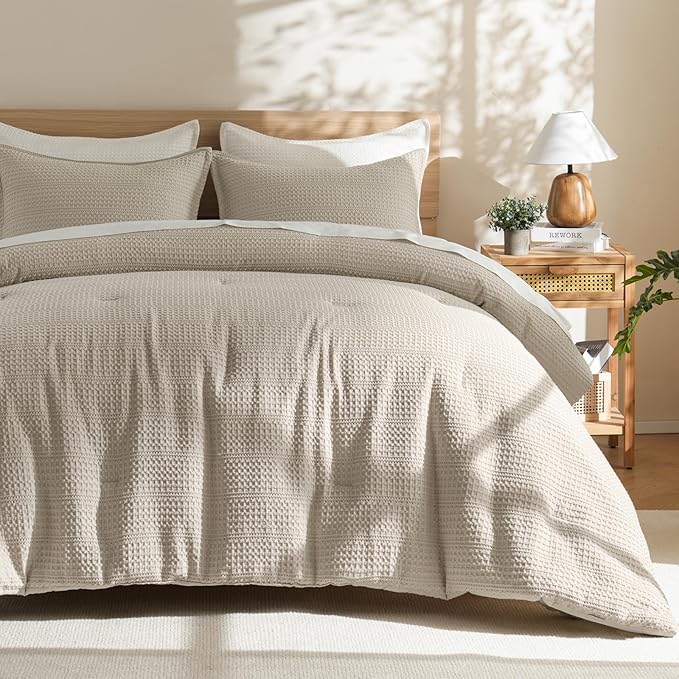 PHF Soft Waffle Comforter Set Twin Size- Comfy Breathable Waffle Weave Comforter with 1 Pillow Shams, 2 Pieces Less Snagging Lightweight Textured Bedding Set for All Season, Natural/Linen