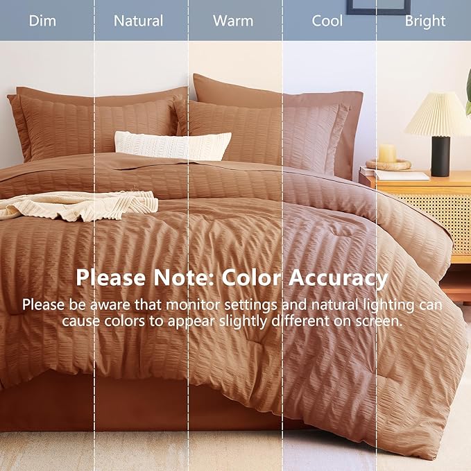 CozyLux King Size Comforter Set Pumpkin, 7 Pieces Seersucker Textured Luxury Bed in a Bag, All Seasons Soft Bedding Sets with Down Alternative Comforter, Sheets, Pillowcases & Shams, Home Gift