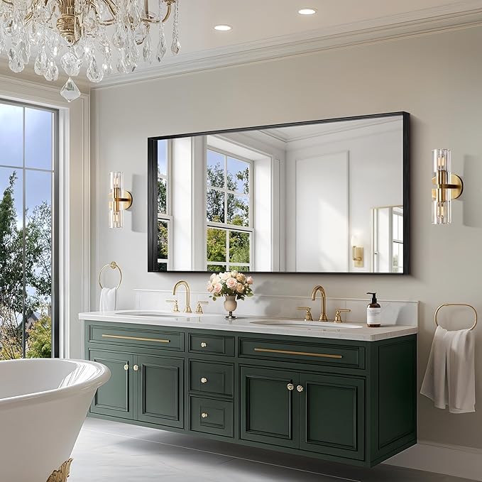 CIRCUMI Black Bathroom Mirror, 30"x60" Rectangular Mirror with Deep Metal Frame, Brushed Finish, Tempered Glass, Large Mirror for Wall, Over 2 Sinks, Installed Vertically/Horizontally, Crystal-Clear