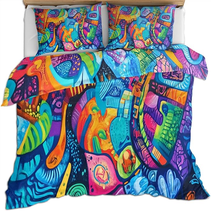Modern Colorful Graffiti Duvet Cover Set California King Size - Hip Hop Doodle Comforter Cover, 3 Pcs Lightweight Soft Colorful Graffiti Bedding Set for All Seasons