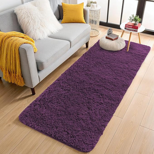 OLANLY 2x6 Machine Washable Runner Rugs for Hallway, Soft Fluffy Shaggy Bedside Rugs for Bedroom, Living Room, Indoor Floor Carpet for Kids Girls and Boys, Home Decor Aesthetic, Dark Purple