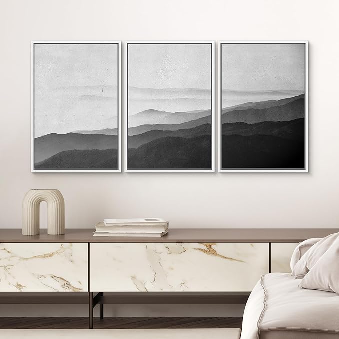 SIGNWIN Framed Canvas Print Wall Art Side of Mountain in Mist Nature Rocky Cozy Neutral Minimalism Contemporary Black and White for Living Room, Bedroom, Office - 16"x24"x3 White