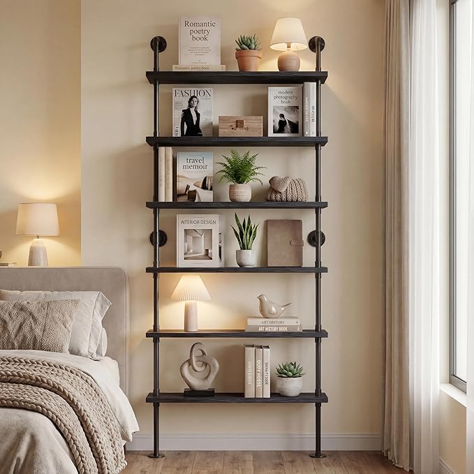 6 Tier Industrial Ladder Shelf Bookcase, Wall Mounted Rustic Bookshelf for Living Room Decor and Storage (Black, 6 Tier - 10" D x 36" W x 82.5" H)