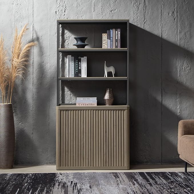 SICOTAS Book Shelf Fluted Bookshelf 71" Tall Bookcase with Doors Storage 5 Tier Mid Century Modern Bookshelves Large Shelves Metal Book Cases for Living Room Office Bedroom Kitchen Library