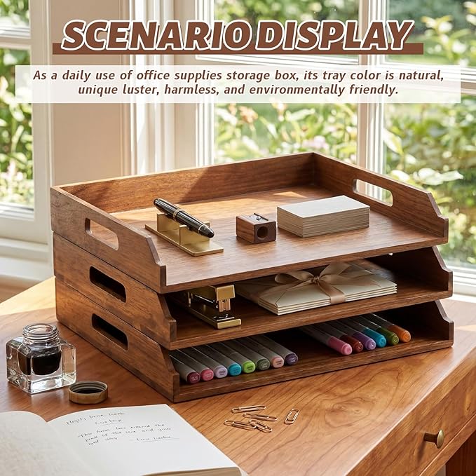 AceOrbit 3 Pcs Stackable Paper Tray Acacia Wood Desk Organizer Letter Tray 3 Tier Wooden File Organizer Desk Shelf for Documents, Letter Sorter, Envelopes and Magazine Holder