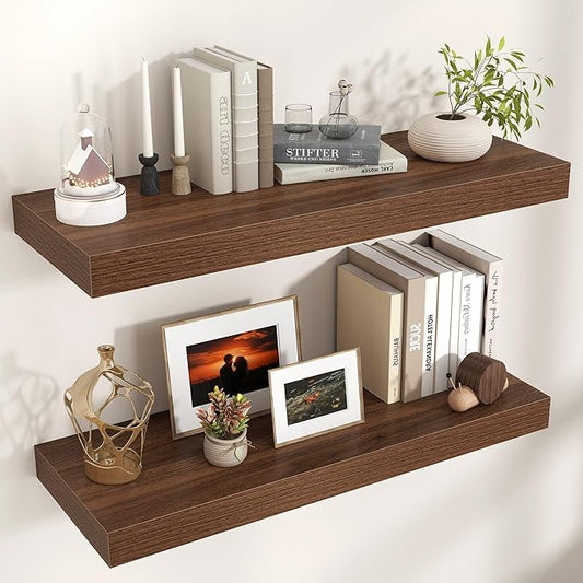 Floating Shelves for Wall, 36" W x 12" D x 2" H, 2 Pack of Long Wall Mounted Engineered Wood Shelves with Invisible Brackets for Living Room, Bedroom, Bathroom, Kitchen Decor, Walnut
