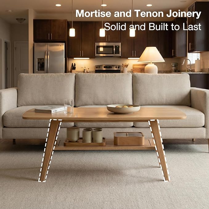 Mid Century Modern Coffee Table: 100% Solid Wood Coffee Table - 2-Tier Storage Design - Space Saving Small Coffee Tables for Living Room, Apartment (Natural, 31.49")