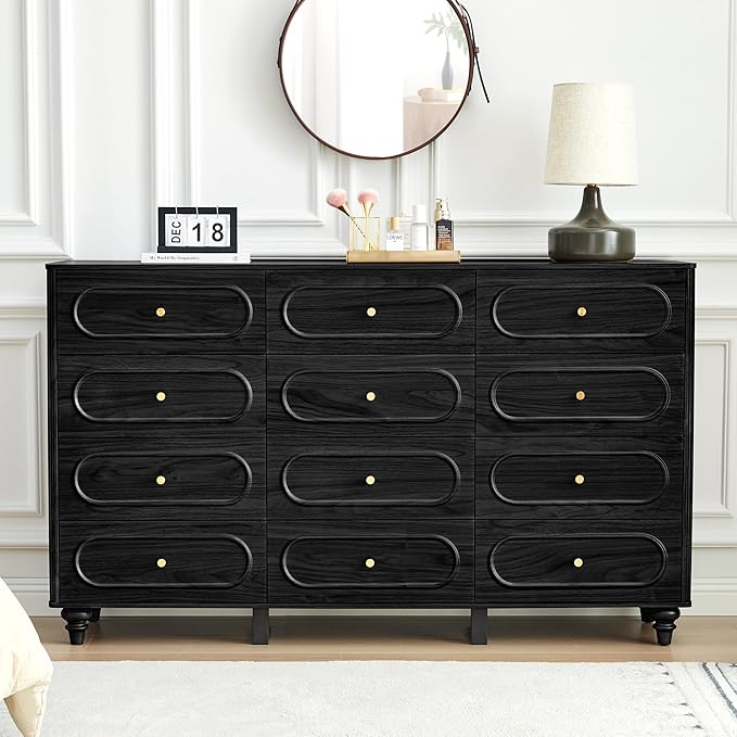 ORRD 12 Drawer Fluted Dresser for Bedroom, Mid Century Modern Chest of Drawers, Wood Storage Small Dresser Organizer for Bedroom Living Room Hallway Closet, Black