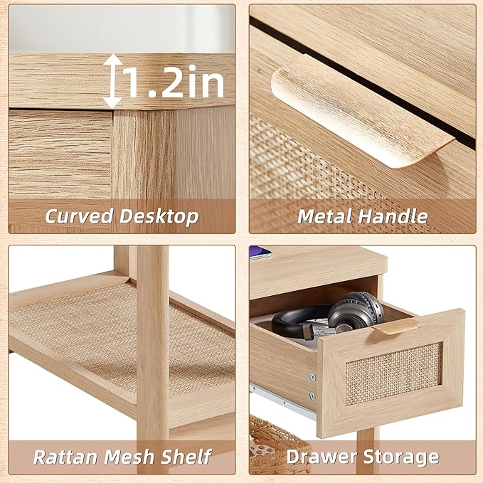 Lerliuo Narrow Night Stand with Charging Station, Boho Nightstand with Drawer, Bed Side End Table with Rattan Shelf for Small Spaces, Wood Nightstands Bedside Tables for Living Room Bedroom