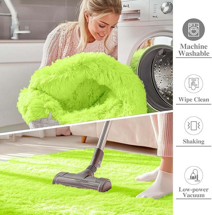 OLANLY 3x5 Machine Washable Small Bedside Rug, Soft Fluffy Shaggy Rugs for Living Room, Bedroom, Indoor Floor Carpet for Kids Girls and Boys, Preppy Dorms, Nursery, Home Decor Aesthetic, Lime Green