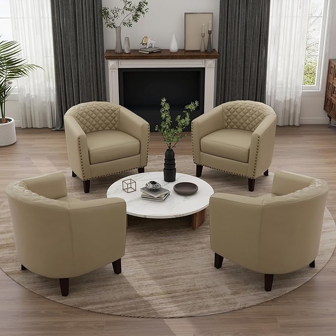 UIXE Faux Leather Barrel Accent Chairs Set of 6, Modern Club Upholstered Arm Chair, Comfy Armchair Nailed Trim Living Room Single Sofa Reading Seat Bedroom Side Sitting for Office, Beige
