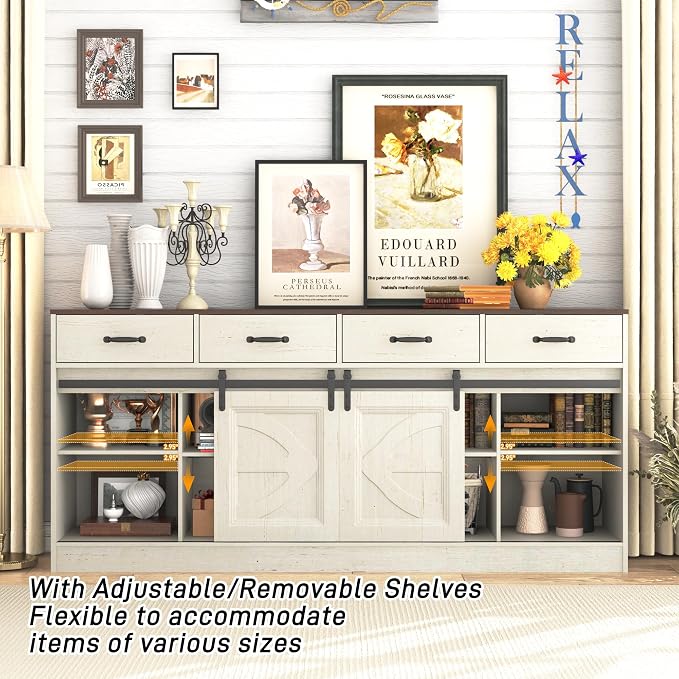 70” Large Buffet Sideboard Cabinet w/4 Drawer,Farmhouse Coffee Bar Cabinet Buffet with Storage,Sliding Door,Long Kitchen Buffet Table,Kitchen Sideboard Storage Cabinet,Credenza for Dining Room,White