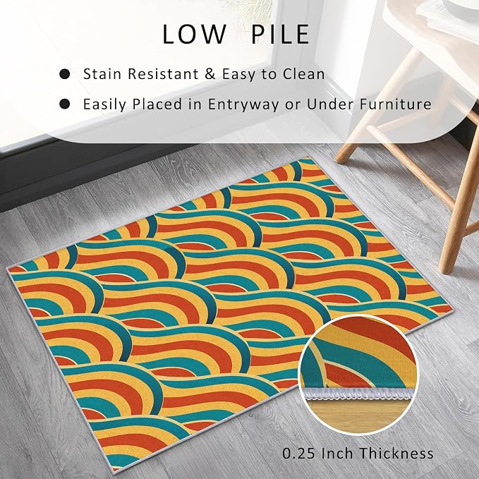 70s Rug 4x6 Retro Abtract Groovy Stripes Pattern Area Rugs for Living Room, Bedroom, 70s Home Decor Accessories Indoor Carpet, Non Slip & Machine Washable, GD0365