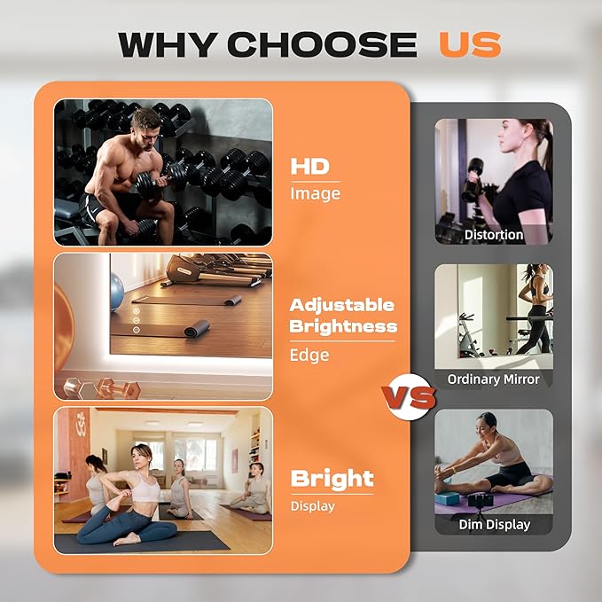 Hasipu 95''x 40'' Home Gym Mirror with Lights Dimmable Anti-Fog Large Full Length Wall Mounted Full Body Mirror for Yoga Dance Fitness Exercise Studio Bedroom Garage, Tempered Glass Workout Mirrors