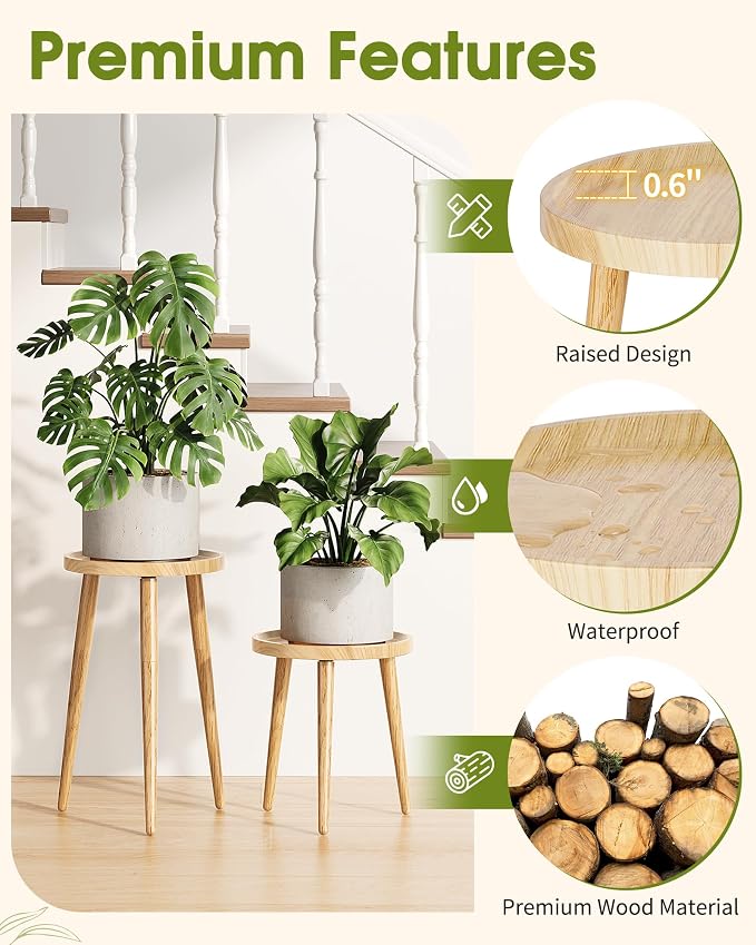 Plant Stand Indoor 2 Pack, Wood Mid Century Indoor Plant Stand, Tall Plant Stands for Flower Pot, Round Plant Table Side End Table With Raised Design, Natural, 11.7"x18.8" & 11.7"x13"
