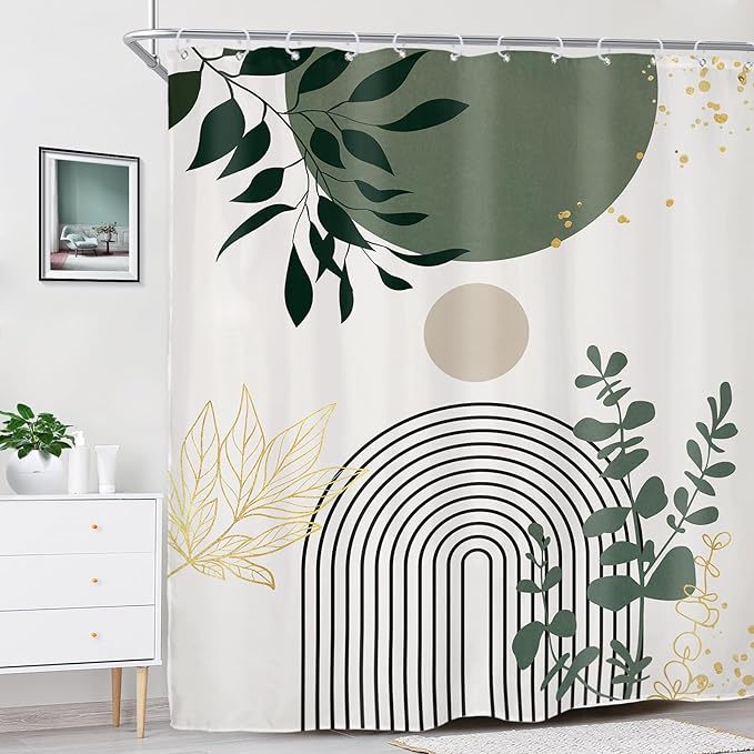 Riyidecor Extra Long Shower Curtain for Bathroom Decor 72Wx84H Sage Green Boho Mid Century Modern Abstract Gold Leaves Minimalist Geometric Art Printed Fabric Polyester Waterproof 12 Pack Plastic Hook