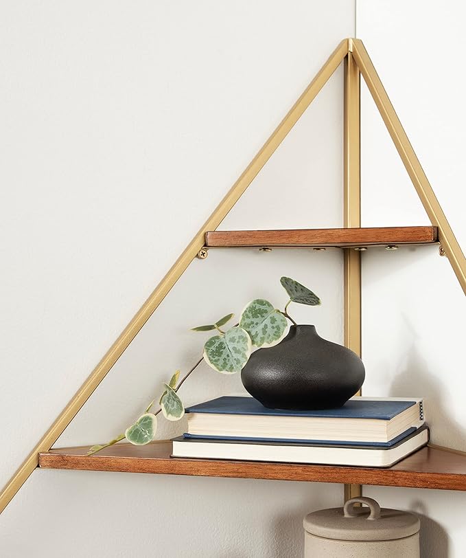 Kate and Laurel Melora Mid-Century Modern Corner Shelf; 24 x 38 x 17; Walnut and Gold; Glamorous Floating Corner Shelving with Four Shelves and Unique Geometric Shape