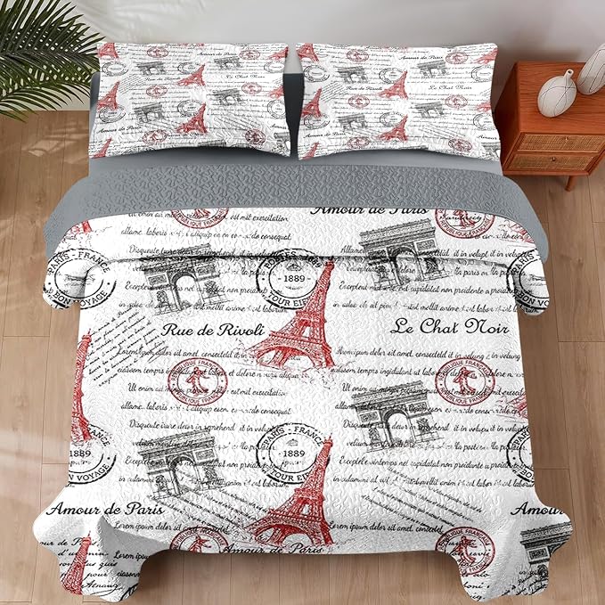 Pamnest Quilt Set Full/Queen Size, Paris Vintage Eiffel Tower 3 Pcs Soft Bed Cover Bedding Set for Kids and Adults, France Old Iron Lightweight Bedspread Coverlet with Pillow Sham for All Season