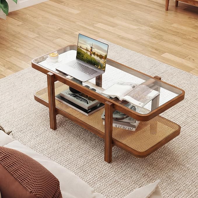 Giantex Rattan Coffee Table, 47.5" Rectangle Solid Wood Tea Table w/Tempered Glass Tabletop, Rattan Storage Shelf, 2-Tier Boho Coffee Tables, Farmhouse Center Table for Living Room (Brown)