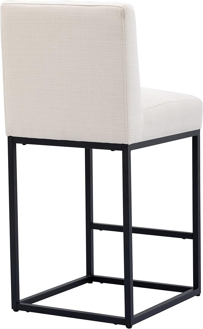 27" Height Cream Fabric Bar Stool, Counter Height Stool with Back and Footrest for Kitchen Modern Metal Barstool, Linen Upholstered Farmhouse Bar Chair Island Stool
