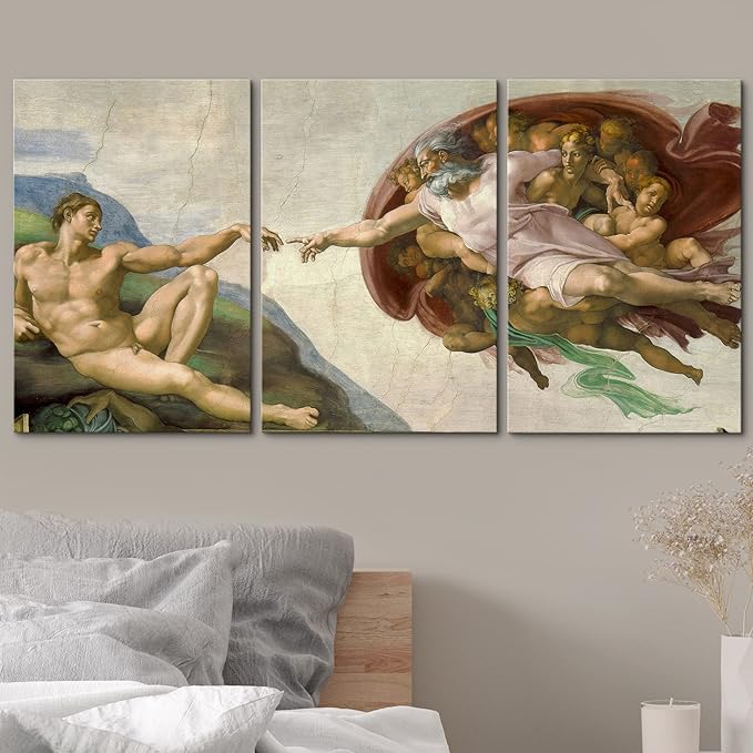 wall26 Canvas Print Wall Art Set Creation of Adam by Michelangelo Cultural Historic Oil Painting Fine Art Reproduction Scenic Colorful for Living Room, Bedroom, Office - 16"x24" x 3 Panels