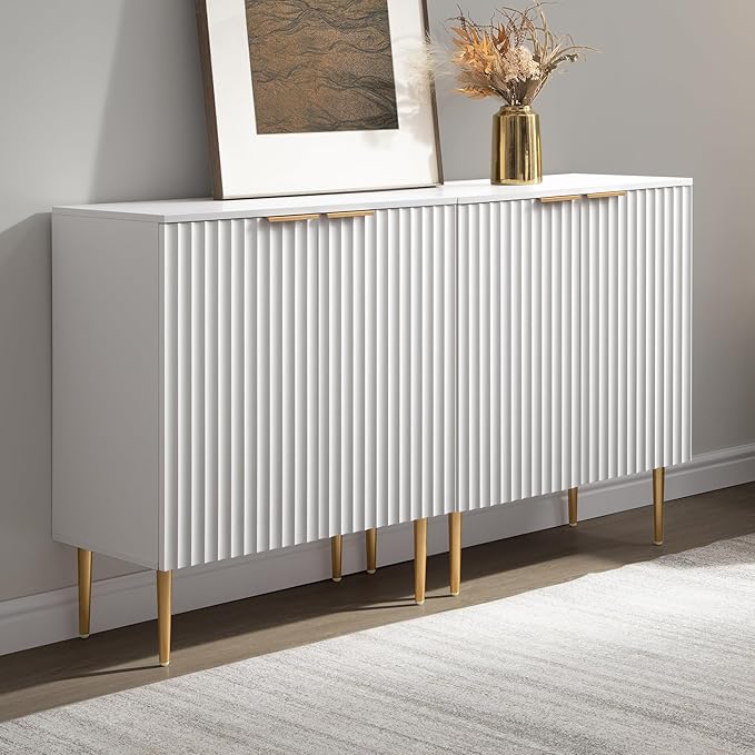 SICOTAS 57" Modern Sideboard Buffet Cabinet - Elegant Storage Credenza with 4 Doors & Adjustable Shelf, Space-Saving Console Coffee Bar Table for Entryway, Kitchen, Living Room or Hallway,White