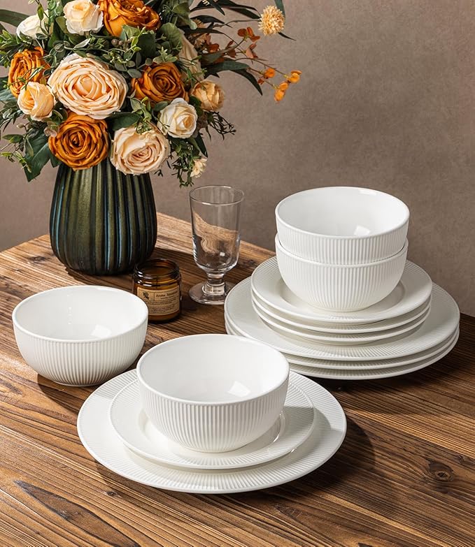 TheTerra Stoneware Dinnerware Sets for 4, 12 Pieces Ceramic Plates and Bowls Sets, Scratch Resistant Embossed Dish Set, Oven, Microwave & Dishwasher Safe, Bright White