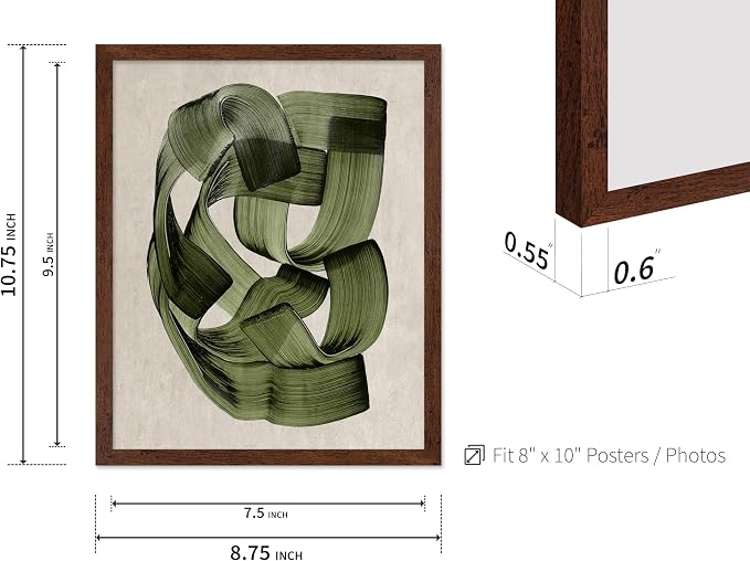 Poster Master Green Abstraction Poster - Brush Strokes Print - Painted Swirl Art - Chic Boho Design - Abstract Illustration - Great Office or Living Room Decor - 8x10 Brown Framed