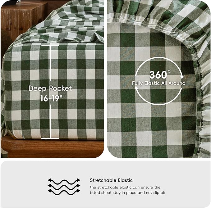 MooMee Gingham Sheet Set 100% Washed Cotton Linen Like Textured Breathable Soft w/Fully Elasticized 16-19" Deep Pocket (Buffalo Plaid Forest Green, Queen)