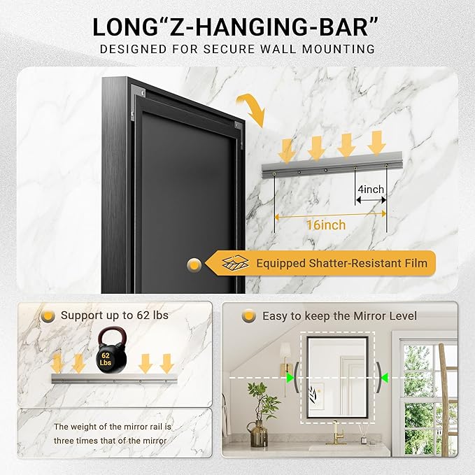 Black Framed Mirror for Bathroom, 24x36 Inch Black Rectangle Beveled Bathroom Vanity Mirror, Anti-Rust Matte Black Metal Frame Mirror for Wall, Vertical/Horizontal Wall-Mounted Mirrors