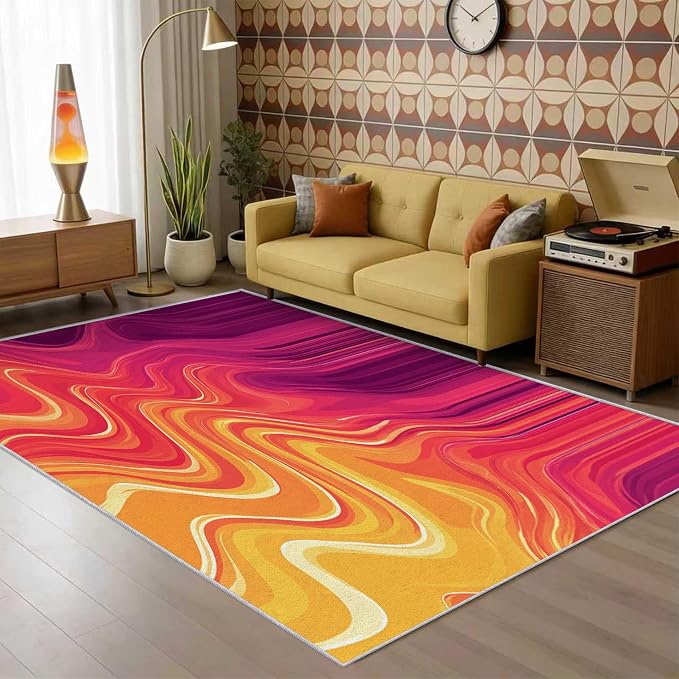 70s Rug 6x8 Vibrant Sensory Abstract Retro Pop Pattern Area Rugs for Living Room, Bedroom, 70s Home Decor Accessories Indoor Carpet, Non Slip & Machine Washable, GD0408