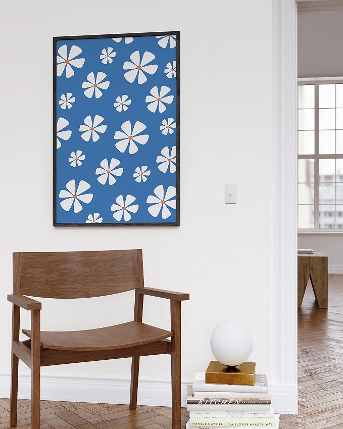 HAUS AND HUES Daisy Flower Painting - Blue Floral Art for Room Aesthetic (Unframed, 24x36)