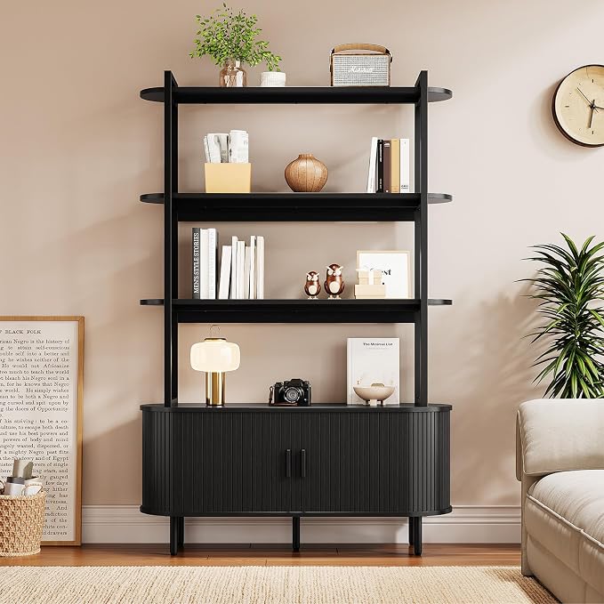 4 Tier Bookshelf with Fluted Cabinet, Tall Bookcase with Sliding Door, Metal and Wood Display Shelf, Free Standing Storage Shelving Unit, Corner Storage Organizer for Living Room, Home Office, Black