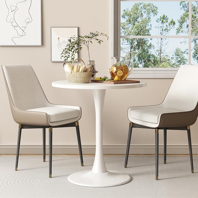Round Dining Table 27.5" Circle Tulip Table with Wood Thickened Tabletop & Sturdy Metal Pedestal Mid Century Modern Leisure Bistro Kitchen Tables 4 People Small Places Living Room Cafe,White