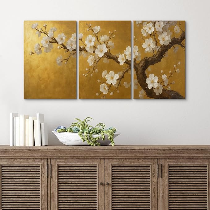 wall26 Canvas Print Wall Art Set Golden Cherry Blossom Tree Elegant Floral Illustrations Fine Art Decorative Botanical Rustic for Living Room, Bedroom, Office - 16"x24" x 3