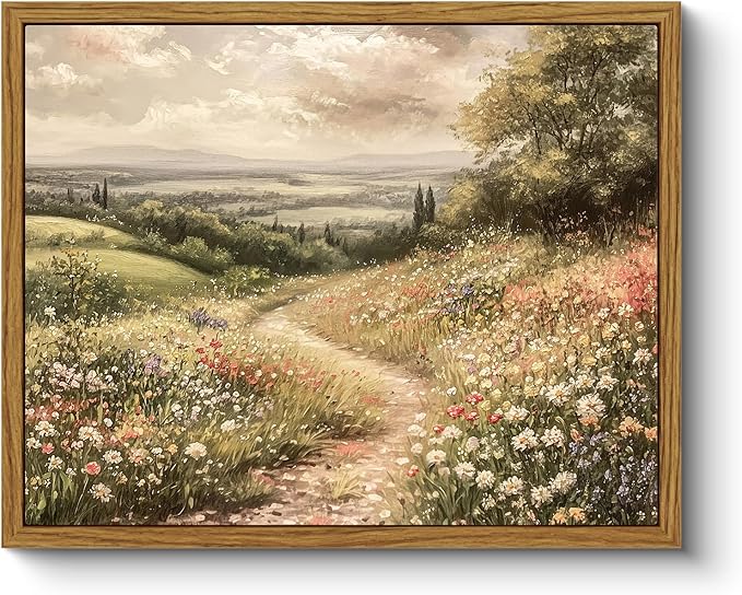 ARPEOTCY Vintage Framed Canvas Wall Art, Wildflower Field Landscape Wall Art for Living Room, Farmhouse Art Prints for Home Decor Aesthetic, Vintage Bathroom Bedroom Decor Aesthetic(8x10 Inch)