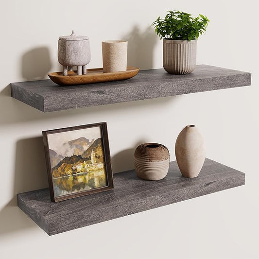 Axeman Floating Shelves for Wall, 24''W x 8'' D Rustic Solid Elm Wood Shelves for Storage, Wall Mounted Display Shelving with Invisible Heavy-Duty Metal Bracket (Grey, 2PCs)