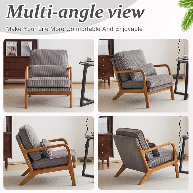 VINGLI Upgraded Premium Corduroy Accent Chair,Upholstered Arm Chair,Solid Wood Comfy Reading Chair with Lumbar Pillow, Mid Century Modern Chairs for Living Room,Bedroom,Guest Room,Light Grey