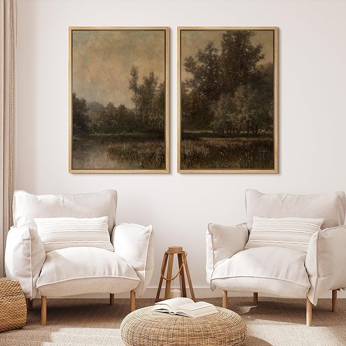MUDECOR Framed Canvas Print Wall Art Wildflower Meadow Romantic Impressionist Floral Landscape Illustrations Modern Art Decorative Bohemian Chic for Living Room, Bedroom, Office - 16"x24"x2 Natural