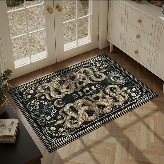 DCX Washable 3x5 Snake Rug, Black Gothic Rug for Living Room, Soft Low Pile Carpet, Kid & Pet Friendly with Rubber Back Non Slip, Stain Resistant Rug for Bedroom Dining Room Office
